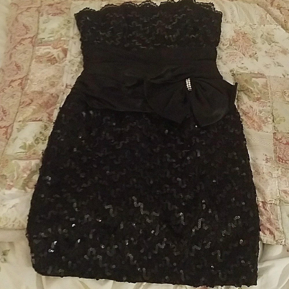 Black satin and sequin strapless party dress